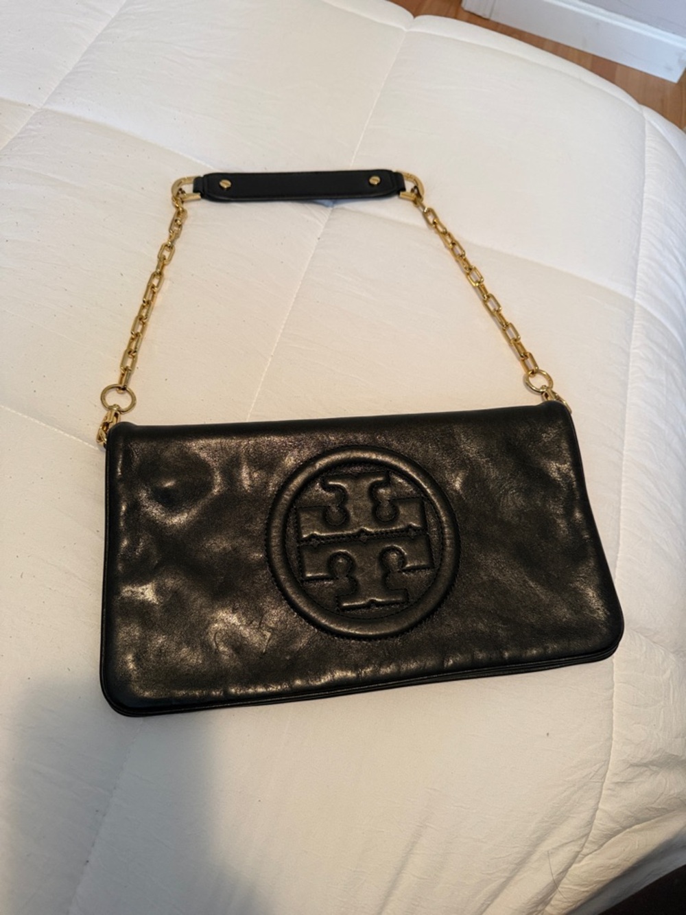 Tory Burch Black Leather Logo Gold Chain Shoulder Clutch